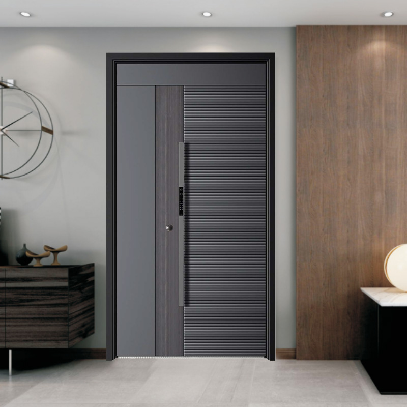 Puerta de entrada de acero metálico con vidrio de diseño gris incrustado