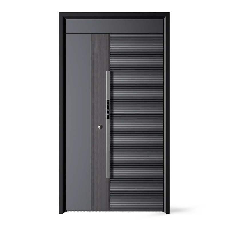 Puerta de entrada de acero metálico con vidrio de diseño gris incrustado